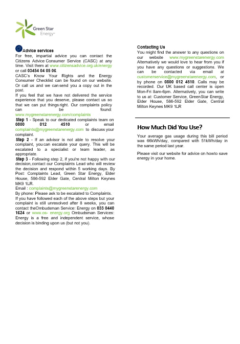 UK Green Star Energy energy utility bill Word and PDF, formats 3,